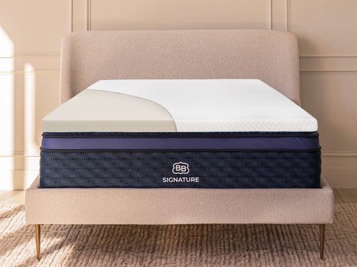 Cutaway view of the 4 lb Memory Foam Mattress Topper placed on a bed showing foam layer construction.