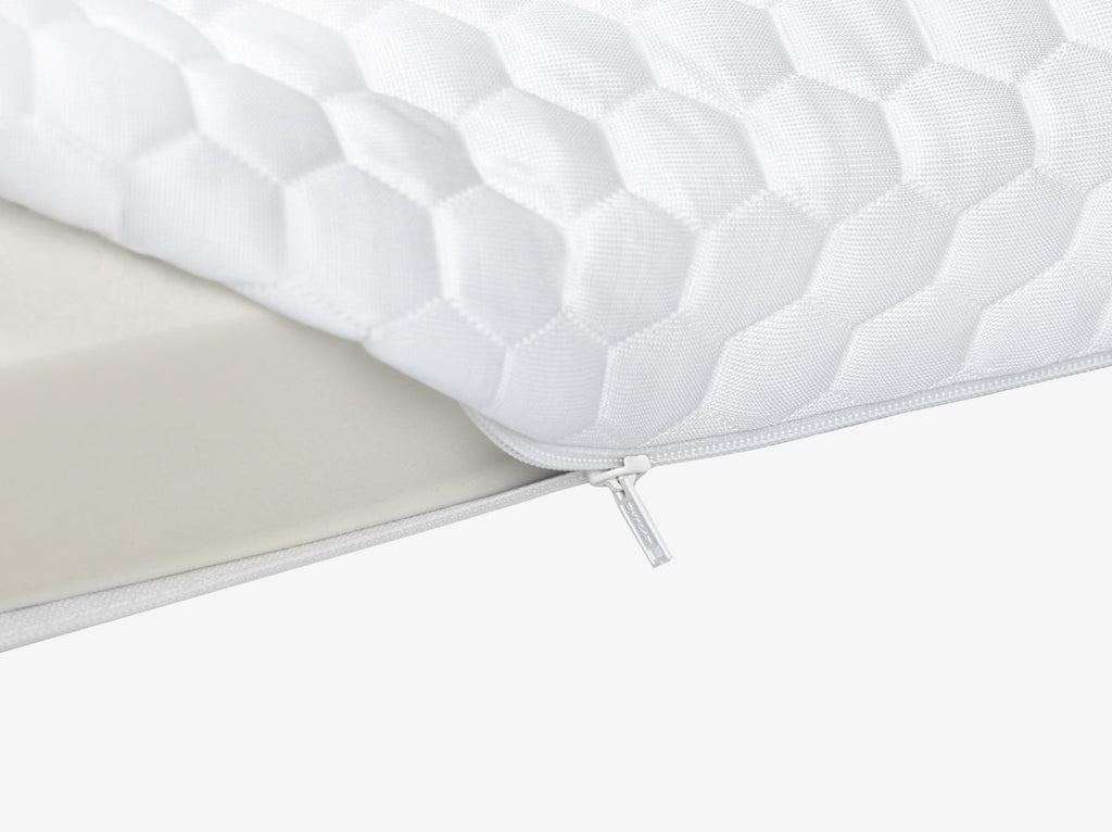Close-up of the 4 lb Memory Foam Mattress Topper quilted cover with zipper closure.