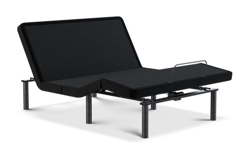 Aurora Luxe Cooling mattress on the Ascension® Ultra Adjustable Power Base with the head section raised inside a wood bed frame.