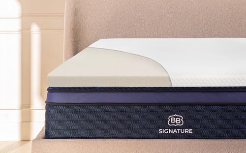 Cutaway view of the 4 lb Memory Foam Mattress Topper placed on a bed showing foam layer construction.
